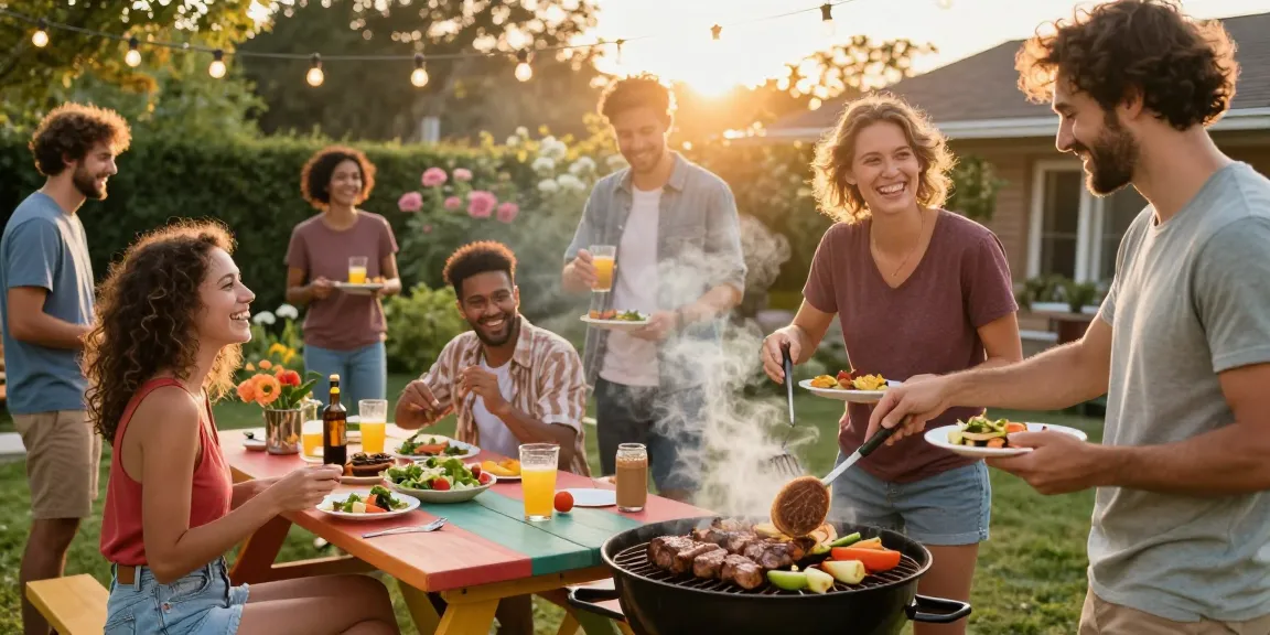 Suasana BBQ yang ceria dengan teman-teman merayakan BOS88 Link Alternatif di halaman belakang.