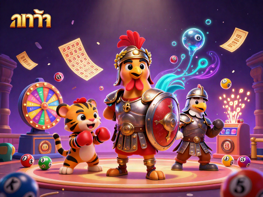 Engage in บาคาร่า at a vibrant casino with lucky characters and dynamic lottery elements.