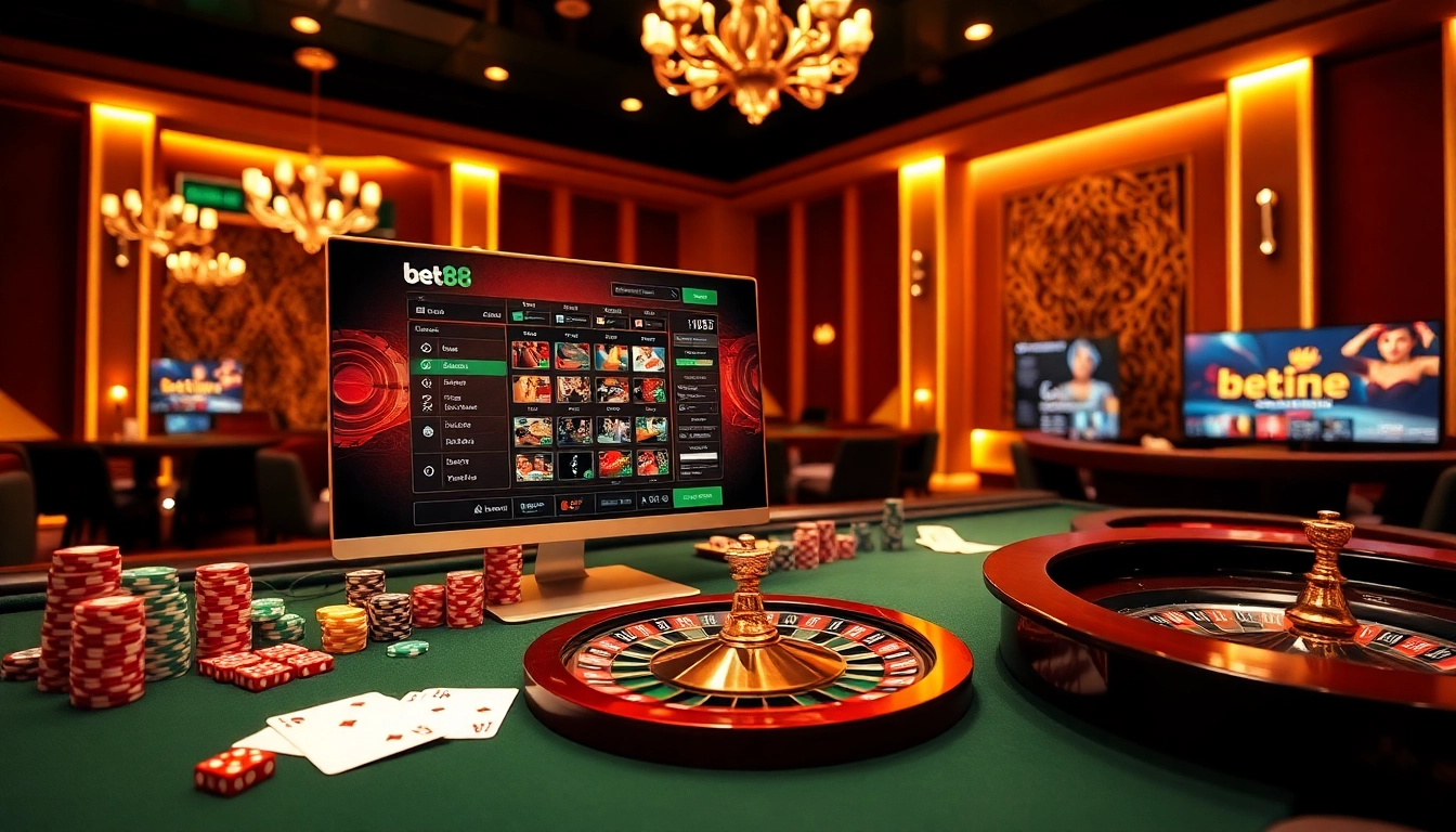 Exciting gaming experience at Bet88 with casino elements like roulette and poker chips.