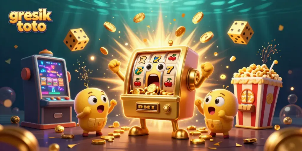 Slot mesin emas gresik toto menghasilkan jackpot dengan koin berterbangan, suasana kasino meriah.