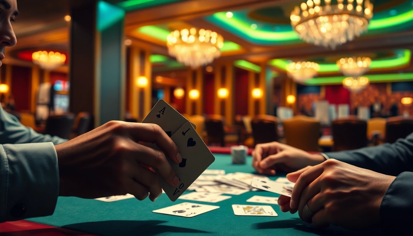 Permainan yumetoto poker di kasino mewah dengan fokus pada tangan pemain yang penuh konsentrasi.