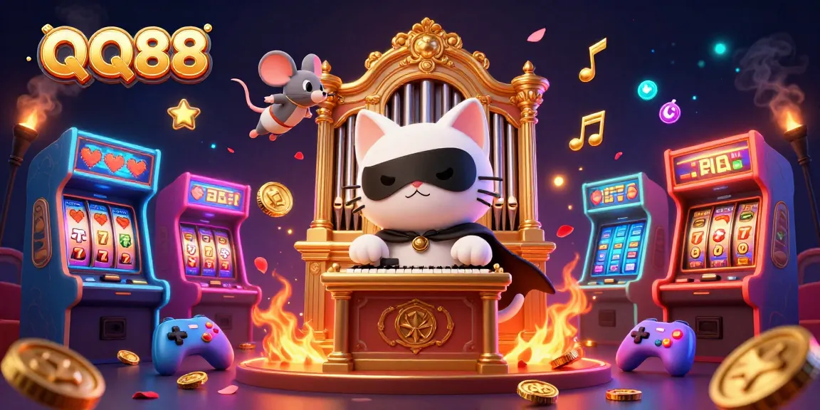 Engage in thrilling gameplay at QQ88, featuring lively casino characters and slot machines.