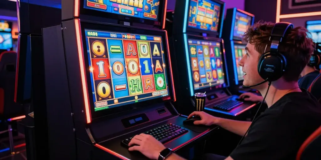 Permainan slot online NAGAHOKI303 yang menarik dengan pemain fokus pada putaran reel yang menegangkan.