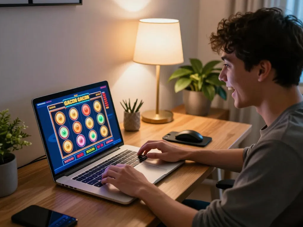Engaging with slot gacor games on a laptop, illustrating online gaming excitement.