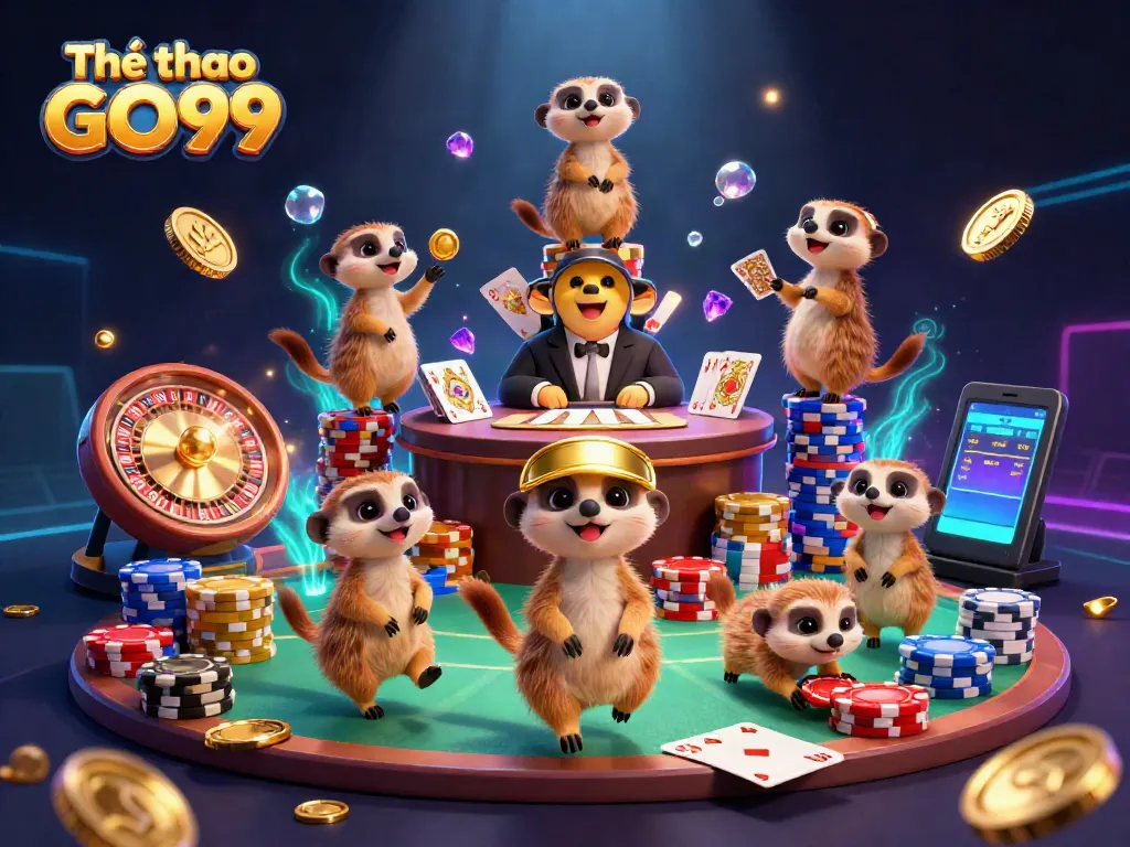 Experience strategic betting with Thể thao GO99 through playful meerkats in a vibrant casino scene.