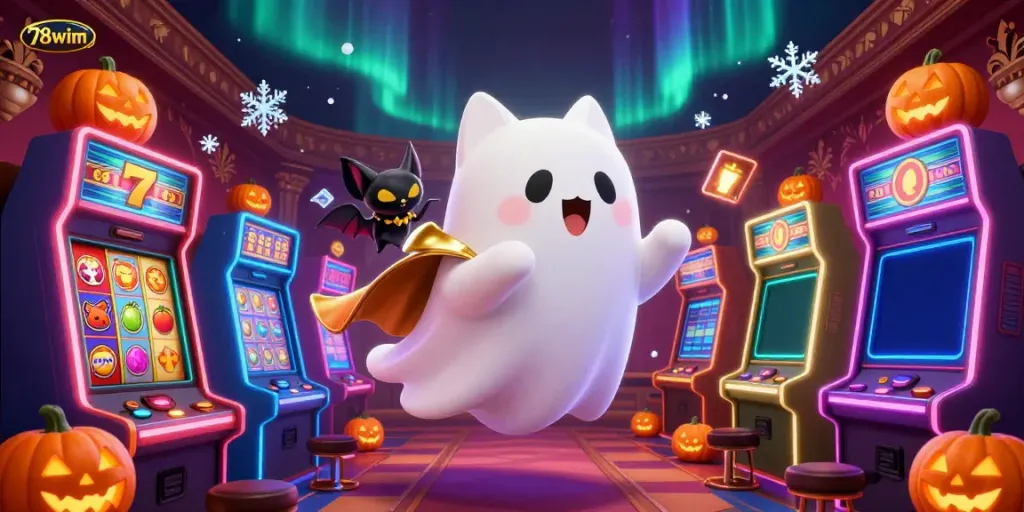 Engage with 78wim's vibrant casino world, featuring a friendly ghost cat and vampire bat in action.