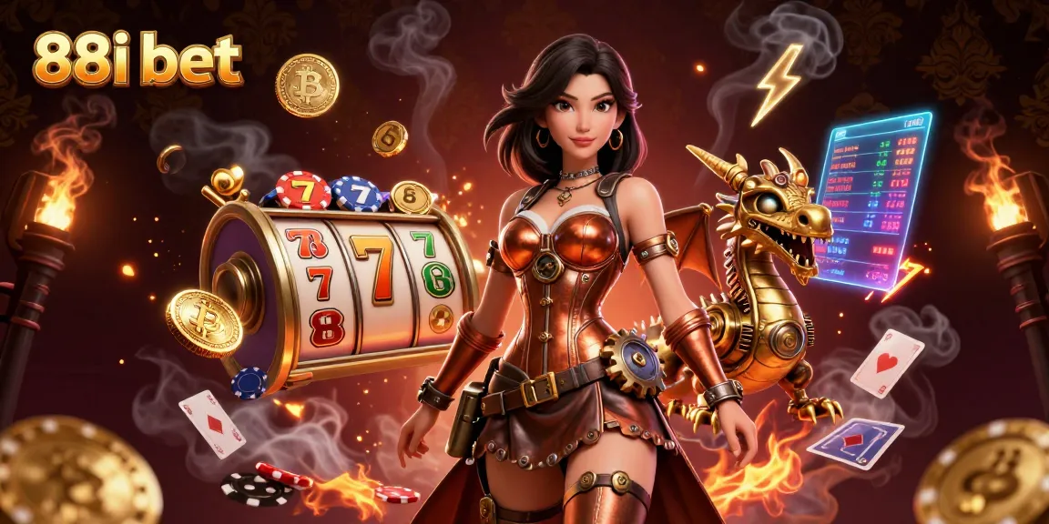 Experience the thrill of 88i bet with a stunning steampunk illustration featuring the excitement of online slots and crypto elements.