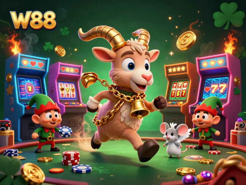 Experience thrilling gambling action at W88 with a festive casino scene featuring cartoon characters.