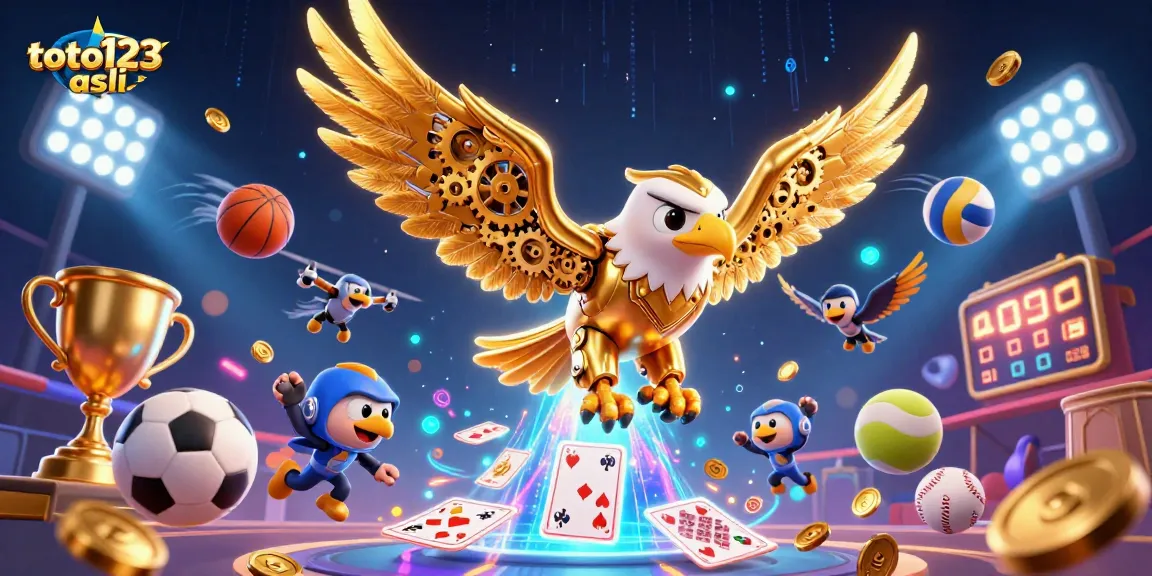 Experience thrilling gameplay at toto123 asli with a dynamic scene of cybernetic eagle and sports elements.