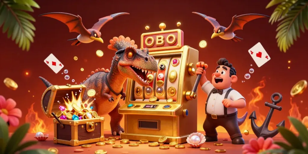 Experience the excitement of BERLINTOTO with a cartoon dinosaur winning jackpots and catching coins.