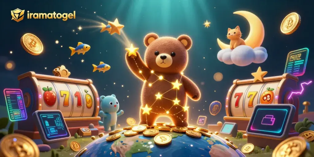 Iramatogel's vibrant universe featuring a constellation bear and lucky casino symbols gathering coins in a rich gaming scene.