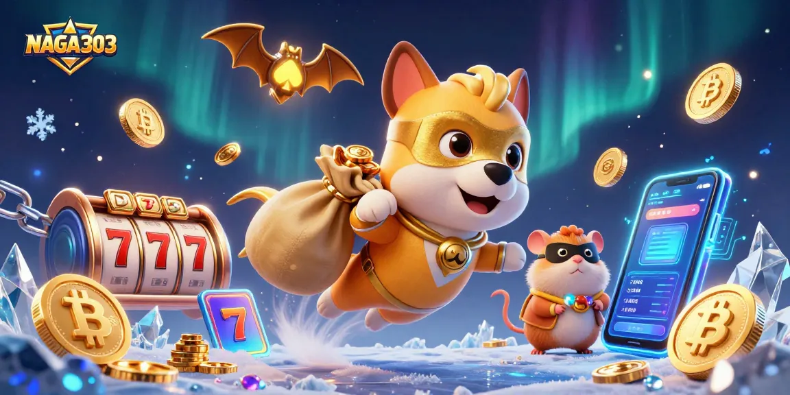 NAGA303 presents a thrilling casino adventure with a superhero dog and hamster sharing a jackpot dream while flying amidst dazzling slot reels and cryptocurrency elements