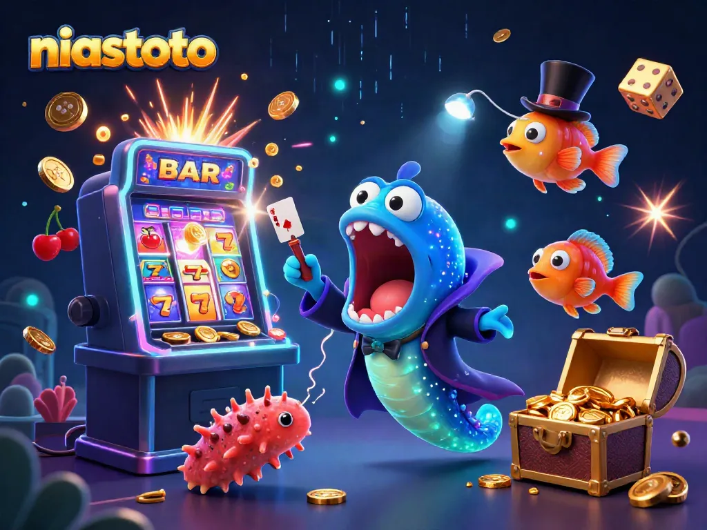 Gulper eel dengan cape magician menunjukkan trik kartu di niastoto, dikelilingi slot machine dan simbol keberuntungan.