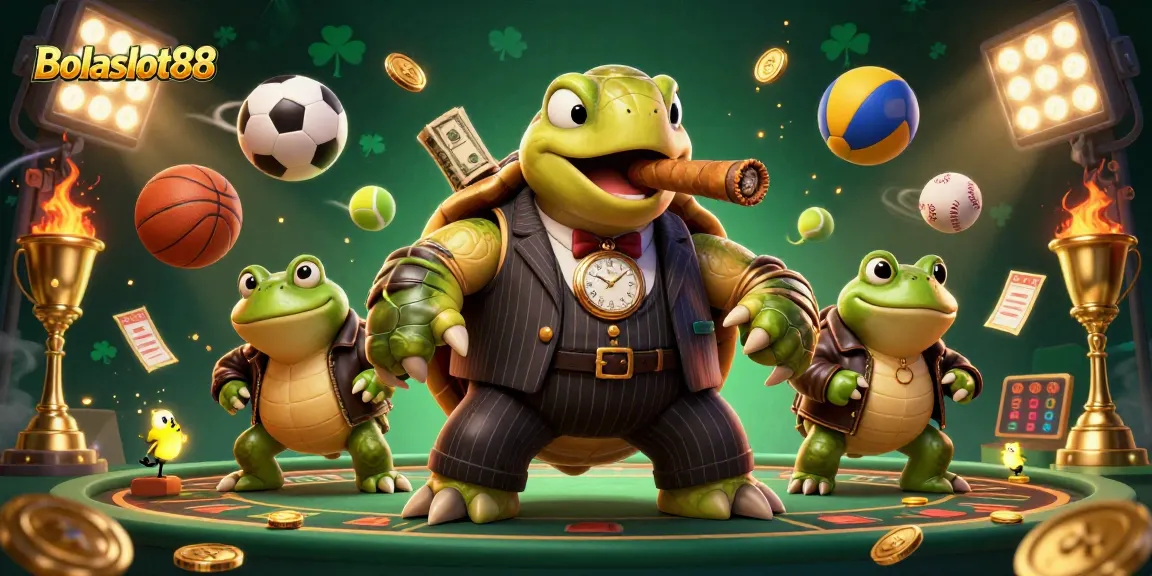 Bolaslot88 provides access to a luxurious casino experience featuring cartoon characters amidst dynamic sports elements.