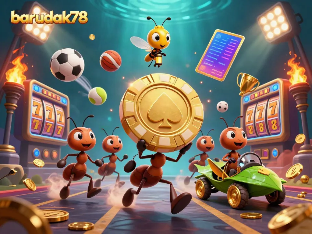 Barudak78 menyajikan ilustrasi heist seru tim semut di kasino dengan chip emas besar dan elemen slot.